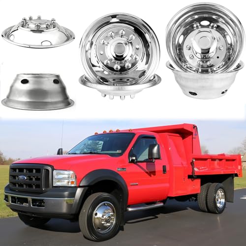 Image of 4pcs 19.5 inch 10 Lug Hubcaps Polished Stainless Steel Dually Wheel Simulators Compatible with 2005-2025 Ford F450 F550, Nice Looking and Durable Bolt On Wheel Cover with Full Kit Tools