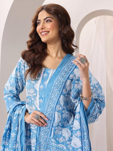 Image of Libas Printed Cotton Straight Kurta With Trouser and Dupatta