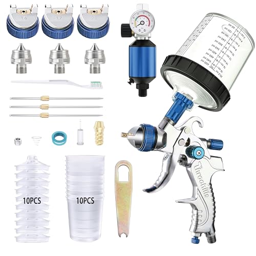 Throohills Professional HVLP Spray Gun, 1.4/1.7/2.0mm Nozzle HVLP High Atomization Flow Adjustable Pneumatic Gravity Spray Gun (Blue)