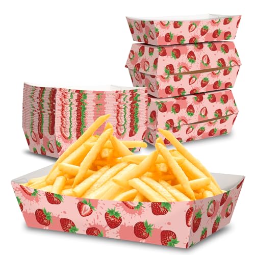 No Folding Required 50 Pack 2Lb Strawberry Paper Plates Disposable Waterproof Food Bowl Tray Berry Plates Bulk for Strawberry Themed Shortcake Berry First Birthday Party Supplies Favors Decoration