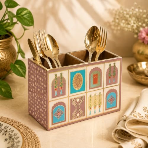 Image of DULI Multipurpose Stand, Cutlery Holder, Spoon Stand, Table Organizer with 2 Sections, Chammach Stand (10cm x 15cm) (MCDPSDbl-WindowPrint)