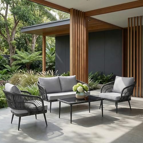 Image of Amazon Brand - Solimo Solix Outdoor Rope Sofa Set | Balcony Sofa | Patio Conversation Sets | Braided Rope Garden Sofa Set and Center Table (4 Seater-Grey)