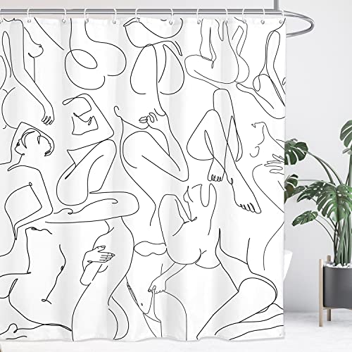 Yookeb Abstract Minimalist Bathroom Shower Curtain 60W By 71H Inch Naked Nude Black White Modern Simple Line Art Aesthetic Contemporary Women Polyester Fabric 12 Plastic Hooks Waterproof Decor #TOP2