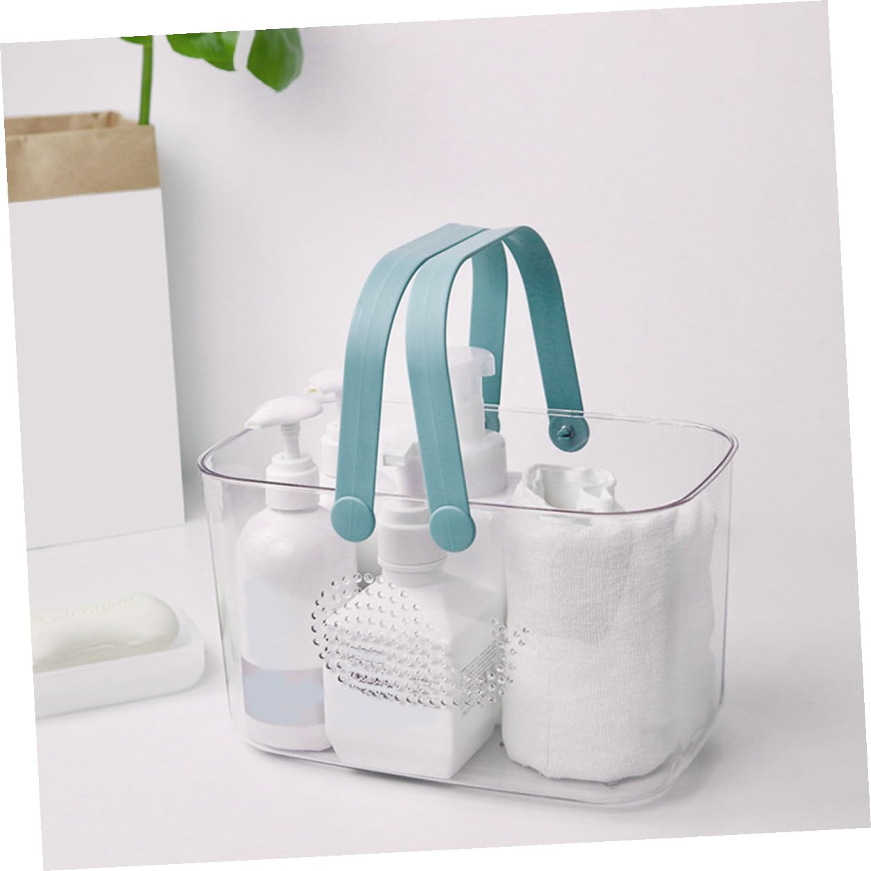Cesta de Ducha Portátil de Plástico Transparente para Hogar | Asa Integrada, Gran Capacidad para Ordenar Platos y Toallas, Uso en Sala y Cocina