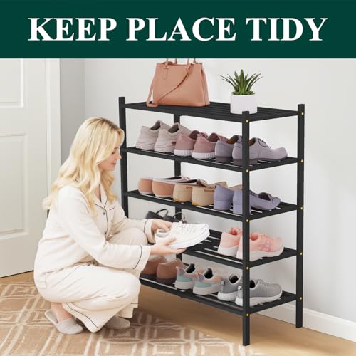 Image of Smiry Bamboo Shoe Rack, 5 Horizontal Slats, 5 Tier - 26.8 inch Wide, Black