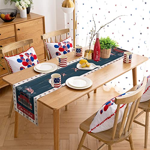 American Flag Table Runner 4Th Of July Retro Red White Blue Wood Dresser Scarves,Linen Burlap Independence Day Table Runners For Holiday Party, Kitchen Dining Decor Vintage Classic Truck 16X72Inch #TOP2