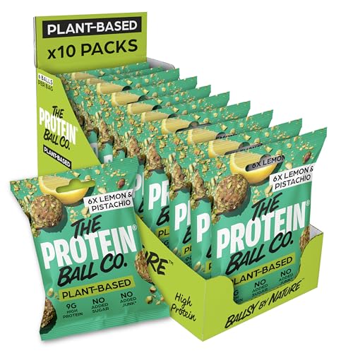 The Protein Ball Co Lemon & Pistachio Plant Protein Balls - Vegan Snack, Healthy Snacks, Gluten-Free, No Added Sugar - On-the-Go Energy Balls, Box of 10 Bags