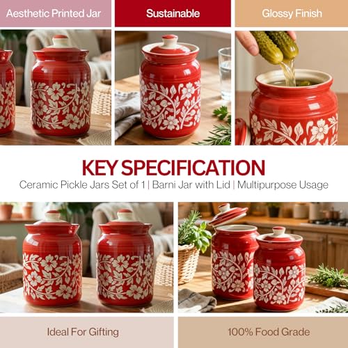 Image of Orange Floral Printed Ceramic Handglazed Pickle Jars Set of 1-1000 ML Each | 1 kg Achaar Martban Barni Jar with Lid | Ceramic Storage Jar Container Pickle /Achar, Chatney