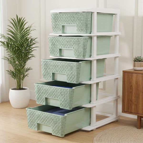 Image of Plastic Modular Drawer Storage Chest Of Drawers Organizer Storage Box, Large Stomo Racks For Multipurpose Anti-slip Shoes Organizers (Green, 5 Layer)