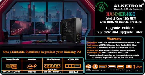 Image of ALKETRON Hammer H60 - Gaming Desktop pc - i5Core 12th Gen Intel Processor(12400-Alder Lake); 512GB NVMe SSD + 8GB RAM(Ready to use DDR4 CPU Tower Box Piece - Upgrade Edition)