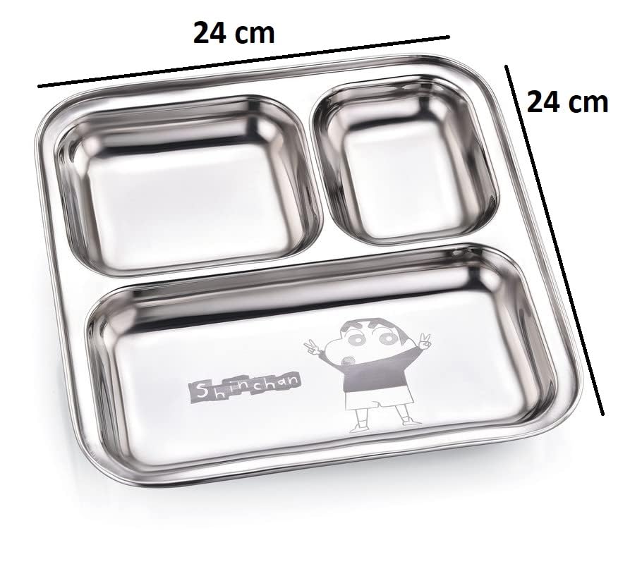 Image of Expresso - Heavy Duty Stainless Steel Square Small Dinner Plate with 3 Sections Divided Mess Trays for Kids Lunch, Camping, Events & Every Day Use Kitchenware (Shinchan)