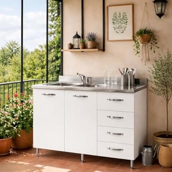 Foto di Linea Azzurra Sottolavello 120 Solo Mobile Cucina con 4 Cassetti e 2 Ante in Legno Made in Italy H85xL120xP50 cm Facile da Montare (Vasca a Sinistra, Bianco Frassinato)