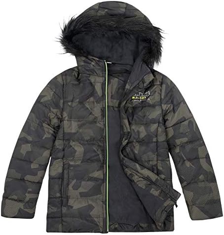 Boys Winter Coat Ski Jacket Camouflage Fleece Lined Puffer Snow Faux Fur Outerwear Hooded Army Green Size 7