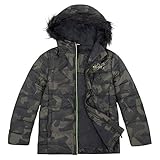 Boys Winter Coat Ski Jacket Camouflage Fleece Lined Puffer Snow Faux Fur Outerwear Hooded Army Green