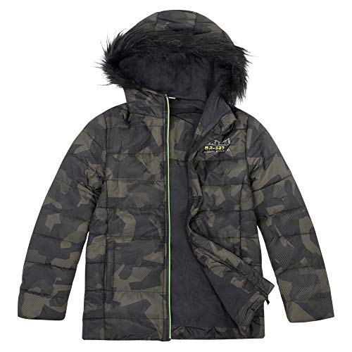 Boys Winter Coat Ski Jacket Camouflage Fleece Lined Puffer Snow Faux Fur Outerwear Hooded Army Green Size 7 #TOP17