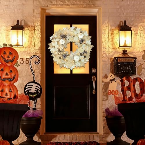 Image of Fall Wreath with Lights 22 Inch | Pre-Lit Wreath with Maple Leaves Pumpkins & Pinecones for Indoor Outdoor Wall Porch Thanksgiving Halloween Decor