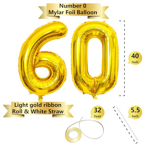 Image of SINBEE Gold 40inch Number Balloon for Party, 60 Mylar Foil Digital Balloon for Birthday, Anniversary, Decorations Supplies (Gold 60, 1.0 Count, 40 inches, Reusable, Unisex)
