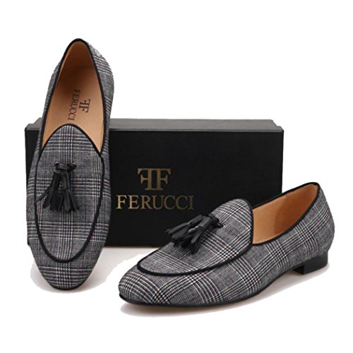 FERUCCI Handmade Men Gray Black Striped Fabric Loafer with Tassel Slippers4