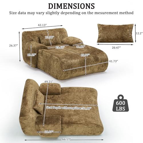 Image of 66 Inches Oversized Chaise Lounge Indoor, No Assembly Required Single Sleeper Sofa Chair with Lumbar Pillow, Upholstered Boneless Sofa Bed for Living Room, Bedroom