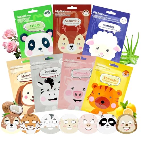 7 Piezas Mascarilla Facial Niña, Mascarilla Facial Animales, Mascarillas Hidratante, Hidratante Antiarrugas para Todo Tipo de Piel/Niños/Mujeres