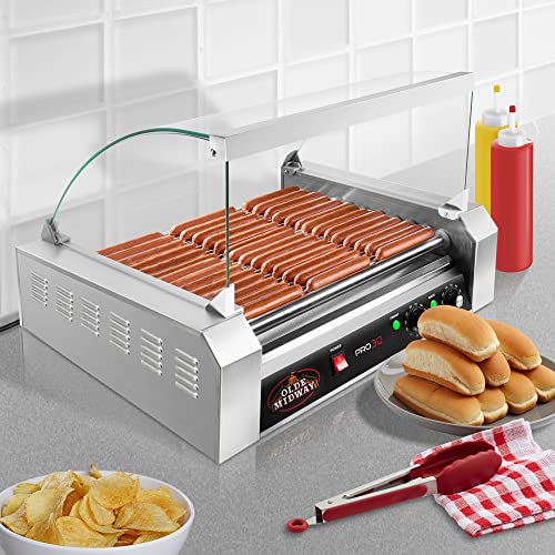 Olde Midway Electric 30 Hot Dog 11 Roller Grill Cooker Machine with Cover 1400-Watt - Commercial Grade