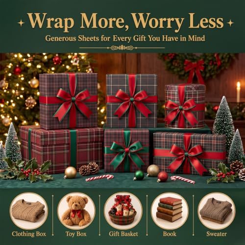 Tallew 12 Sheets Christmas Plaid Wrapping Paper Sheets, 27 x 40 Inch — 사진 5