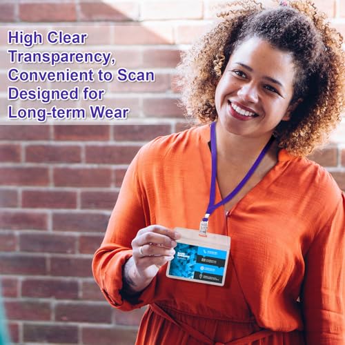 Image of Marspark 100 Sets Clear Name Tags with Lanyard, Lanyards for ID Badges Reusable Strap with ID Holder Plastic Name Badges for Adults Business School Church Conference (Dark Purple)