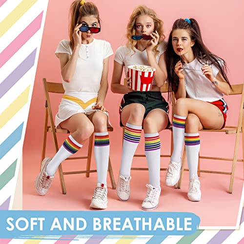 12 Pairs Rainbow Women's Knee High Socks Long Colorful Pride Striped Socks Thin Socks (White) #TOP3