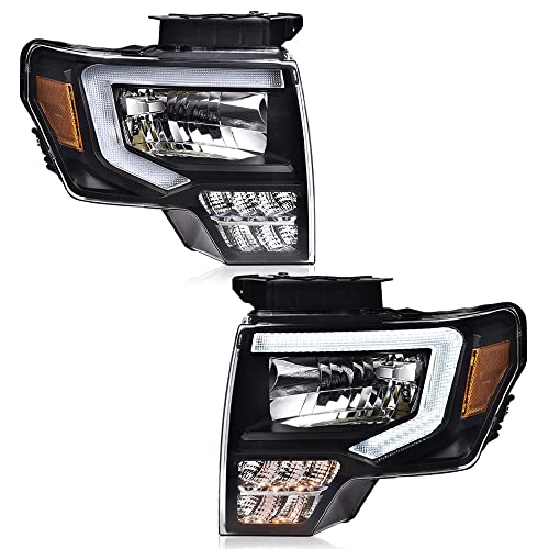 PIT66 LED Headlight Assembly Compatible with Ford F150 2009 2010 2011 2012 2013 2014 Driver & Passenger Clear Lens Black Housing Amber Reflector Headlamp Front Light faros delanteros