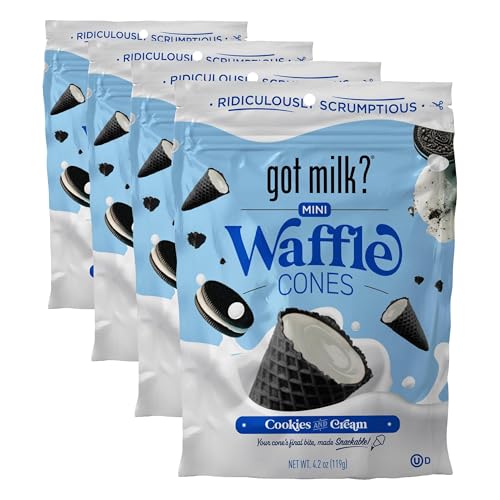 got milk? Mini Waffle Cones, Cookies and Cream, 4.24 Oz. / 119g Resealable Bag, Delicious White Chocolate Filled Cocoa Waffle Cone Bites, Mini Ice Cream Cones for Dessert or Snack, Retail Pack