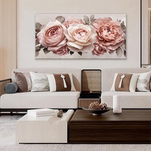 Image of TAIJXAGSG Wall Art For Living Room Prints Flower Painting White Wall Art Modern Pink Flower Canvas Art Wall Decor Suitable Picture For Bedroom Apartment Office Home Wall Decor Can Be Hung 24 inchX 48 inch