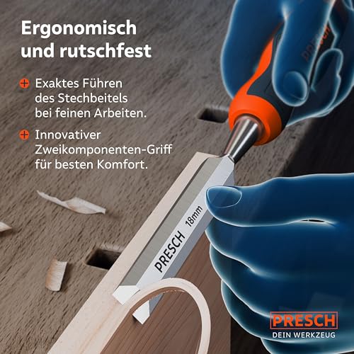 Presch Stemmeisen bei der Arbeit in Weichholz mit sauberem Spanabtrag. - Detailansicht von Presch Stechbeitel Set 4tlg...