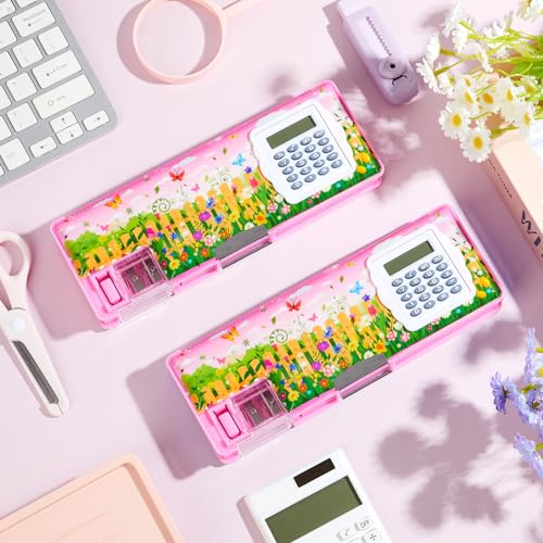 Image of Henoyso Multifunctional Pencil Box for Girls, Flower Pencil Case with Calculator and Sharpener, 2026 Back to School Supplies Organizer for Kids Teens Students, Elementary Classroom Gift