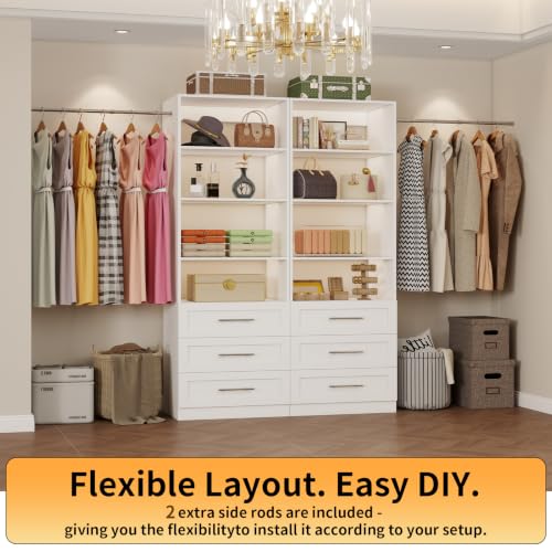Closet System of 2 Sets, 4FT-10FT Closet Organizer System with 6 Drawers & 8 Shelves &2 Adjustable Rods, Modular Closet Shelving System, Max 126" L-shaped Closet System Tower for Walk in Closet, White - Image 4