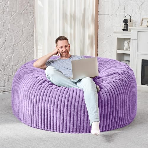 Image of HABUTWAY 4FT Bean Bag Chair, 4' Large Bean Bag Chairs for Adults with Removable Stripe Plush Cover, Memory Foam Beanbag Chair for Living Room Bedroom Dorm (Purple)