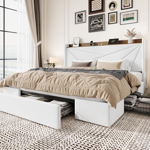 SHA CERLIN King Size Bed Frame with 3 Drawers USB & Type-C Charging Ports Velvet Upholstered Platform Bed with Modern Geometric Wingback Storage Headboard No Box Spring Needed Easy Assembly White