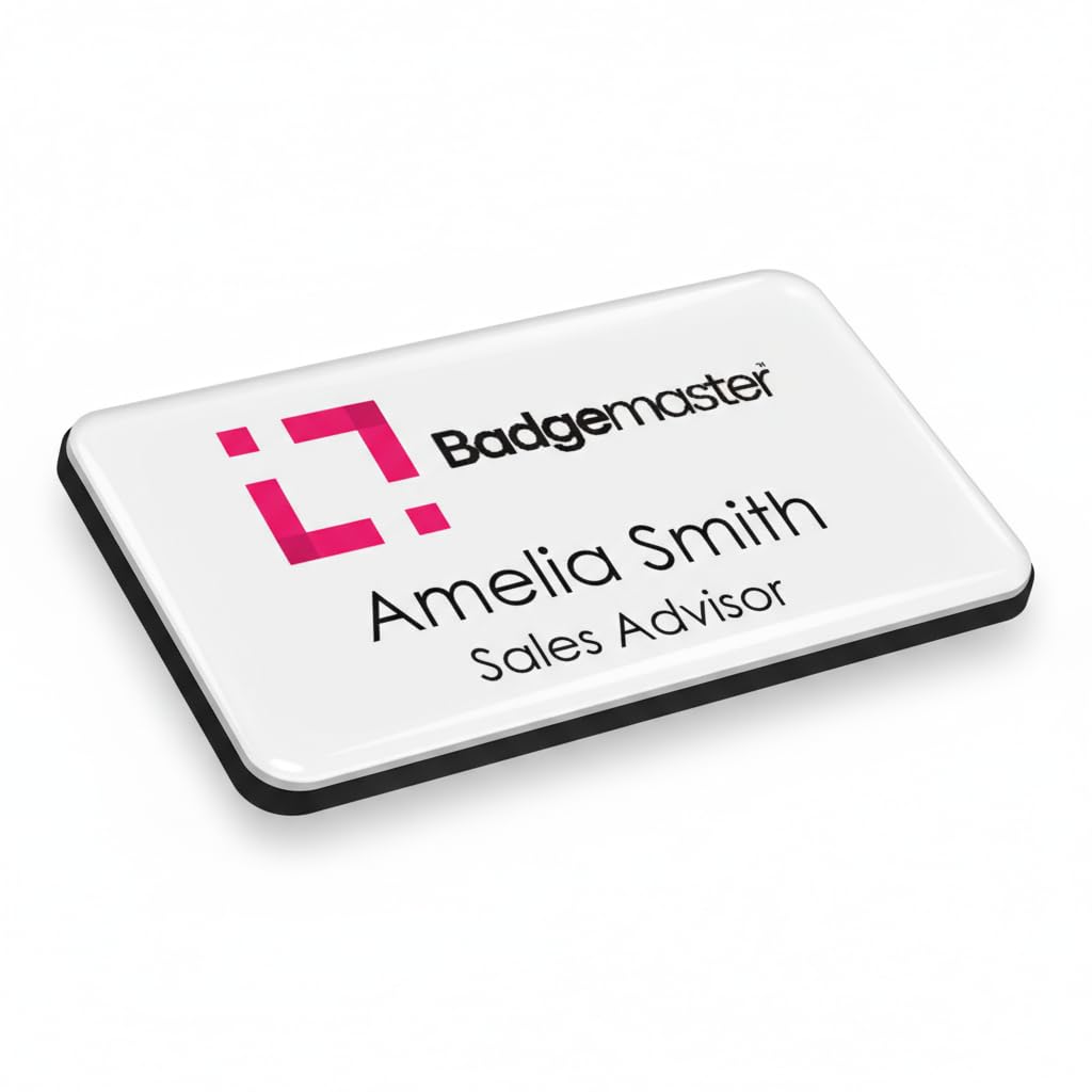 Badgemaster Personalised Professional Logo Domed Name Badge White Black 76 x 38mm
