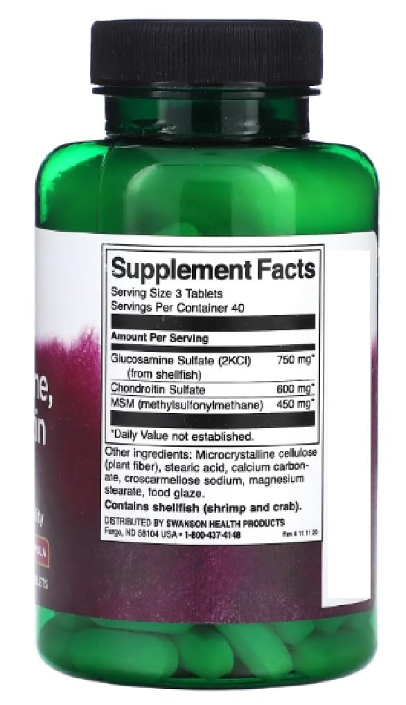 Swanson - Glucosamine, Chondroitin & MSM | Soutien pour la santé des articulations et la mobilité - 120 Comprimés