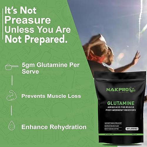 Image of Nakpro L-Glutamine Powder | 4g Glutamine Per Serving, 50 Servings | Post Workout Amino Acid Supplement for Muscle Growth and Recovery (Unflavoured, 250g)