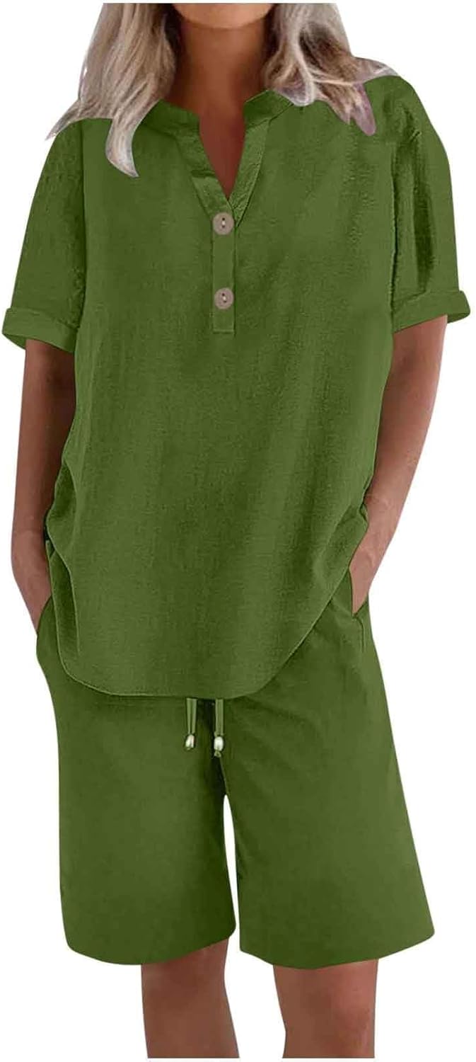 Linen Short Sets for Women 2 Piece Outfits Short Sleeve Button V Neck Shirts and Bermuda Short Sets Vacation Clothes - Image 2