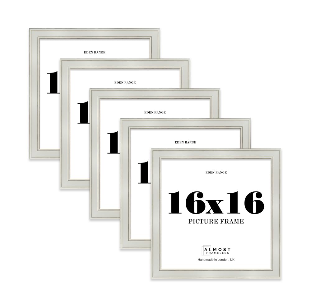 16x16 Light Grey Picture Frame - Shabby Chic Photo Frame with Distressed Finish, Gold Trim, Wall Hooks, 37mm Edge - 5 Pack