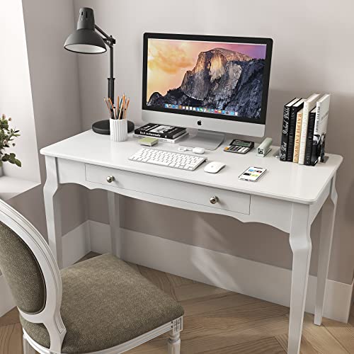 Yaohuoo Solid Wood Desk With Large Drawer-42 Inches Modern Computer Desk,Writing Desk,Study Desk,Vanity Table,Makeup Console Table For Home Office Space(White Pine) #TOP5