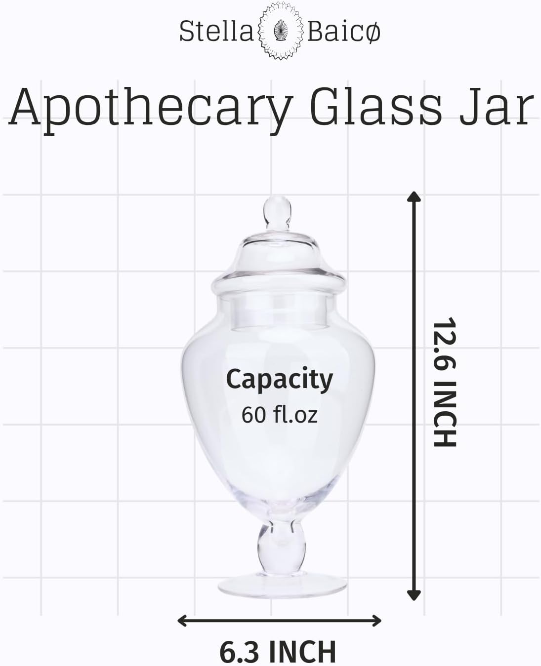 Large Glass Apothecary Jars with Lid, Glass Candy Jar for Candy Buffet, Elegant Decorative Glass Jars for Wedding, Display and Party, Clear Candy Canisters (Height: 12.6", Diameter: 6.3")
