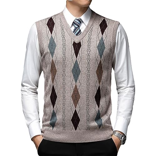 Men Argyle Pullover Sweater V Neck Knit Vest Men Diamond Trendy 6% Wool Sleeveless Clothing