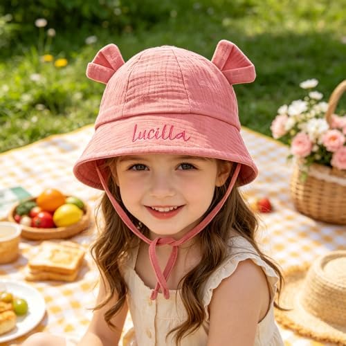 GLOPGEAR Personalized Baby Fisherman Hat- Custom Embroidered Name Cotton Sun Hat with Ear & Chin Straps, Soft Summer Hat for Toddlers (Rose Pink) - 2