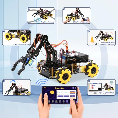 ACEBOTT 5DOF Smart Robot Arm Car Kit, 4WD Remote Control Car Compatible with Arduino/Python/Blockly Programming Project/STEM Education/Science Coding Kit for 12+ Teens and Adults Unique Gifts - Image 4