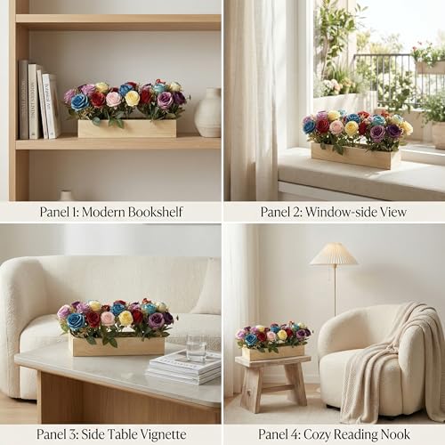 Image of Dekorly Artificial Multi Color Roses Flower Arrangement with Wooden Planter (24 CM) | Premium Realistic Floral Decor for Table & Living Room | Stylish Indoor Decor for Living Room