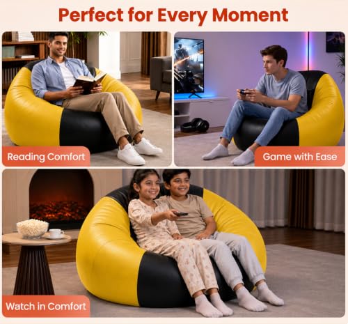 Image of Sattva Classic 4XL Sofa Style Bean Bag Chair with Beans Filled | Faux Leather Teardrop Bin Bags for Adults | Beanbags with Beans Filling | Pre-Filled Beans Bag for Home & Office (Black & Yellow)