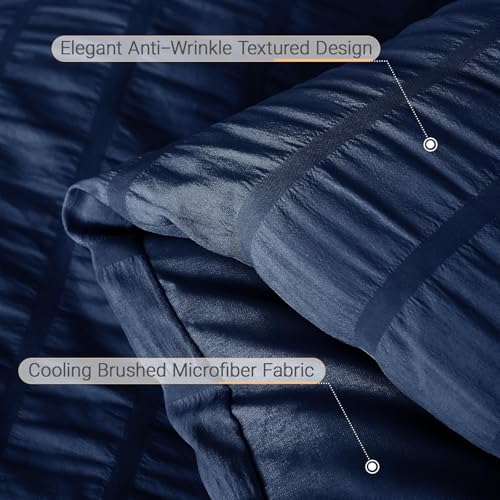 Image of MUXHOMO 7 Pieces King Comforter Set, Seersucker Bed in a Bag King Size, All Season Luxury Bedding Set with Comforter, Flat Sheet, Fitted Sheet, Pillowcases & Shams, Navy Blue
