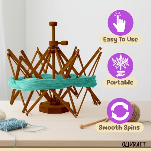 Image of Olikraft Wooden Yarn Swift - Lightweight Reverse Yarn Umbrella Swifts, Ball Swift, Skein Winder (Brown) (Patented)